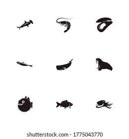 Fish icon set and sperm whale with mussel, octopus and hammerhead shark. Crucian related fish icon vector for web UI logo design.
