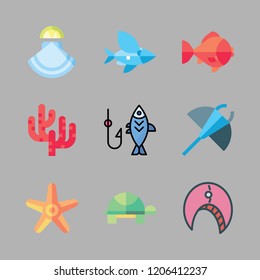 fish icon set. vector set about goldfish, coral, oyster and crab icons set.