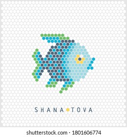 Fish icon shaped honeycomb. Flat design for greeting card, invitation, poster, web, sticker and t-shirt. Vector illustration for Jewish new year holiday Rosh Hashanah.  Greeting text Shana tova