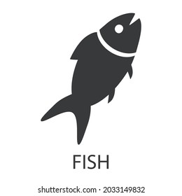 The fish icon. Silhouette of a fish with a signature. Delicious and healthy food that causes allergies. Vector illustration isolated on a white background.