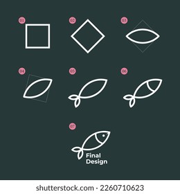 Fish icon step by step design, fish line art, creative tips design, sea food icon set