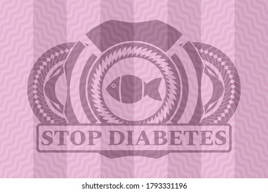 ícono de pez y STOP DIABETES texto emblema rosa ondulado realista. Curva el delicado fondo. Ilustración artística. 