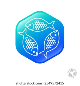 Fish icon. Three fish into blue hexagon. Logo for fishing equipment, seafood.