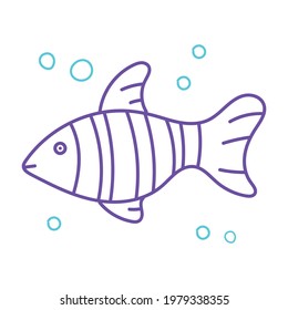 Ilustración del vector de iconos de peces. Doodle, cómic, contorno.