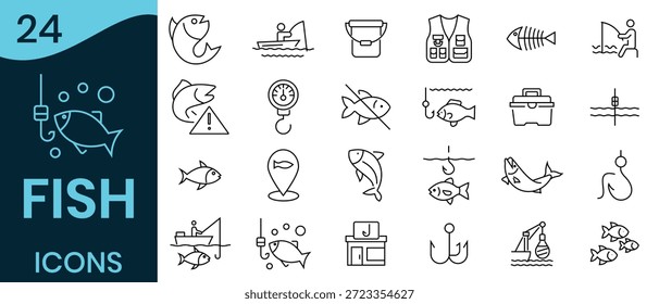  Vector del icono del pez aislado en el fondo negro blanco. Fuera de línea de iconos de peces Iconos de peces. Símbolos de pesca Iconos de mariscos .. Concepto marítimo. Ilustración vectorial