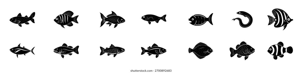 Conjunto de Vector de icono de pescado. Colección de letrero de ilustración de alimentos. Símbolo o logotipo del océano. 
Diverso Vector de pescado de Paquete de Vector de silueta de pescado