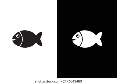 Conjunto de Vector de ícono de pescado aislado sobre fondo negro blanco. ilustración de alimentos