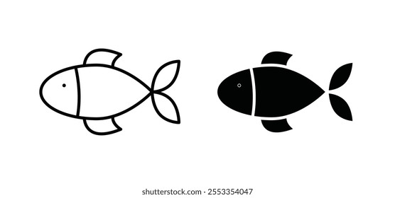 Iconos de pescado en estilo negro lleno y delineado