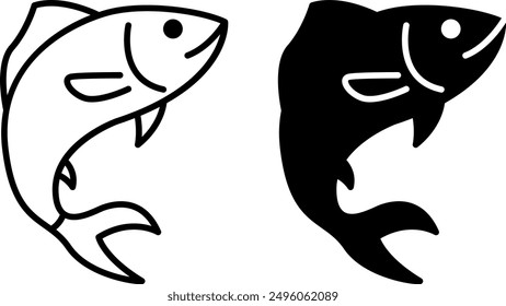 Iconos de pescado. Iconos de vector blanco y negro. Vertebrados Acuáticos. Concepto de mascota