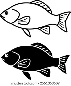 Fish Icons. Black and White Vector Illustrations. Agriculture, Farming. For Coloring Book Design. Pets Concept