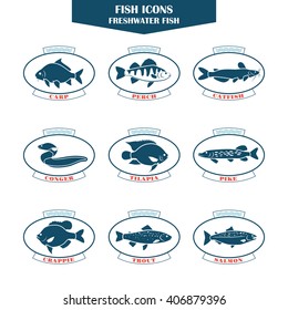 Fish icons. Can be used for restaurants, menu design, internet pages design, in the fishing industry, commercial