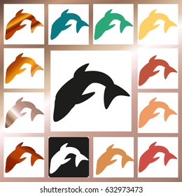 Fish icons. Different color. Vector. Logos or emblems. Golden textures. Dolphin.