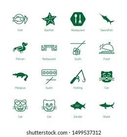 fish icons. Editable 16 fish icons. Included icons such as Fish, Starfish, Restaurant, Swordfish, Pelican, Sushi, Food, Platypus, Fishing, Cat, Zander. trendy icons for web.