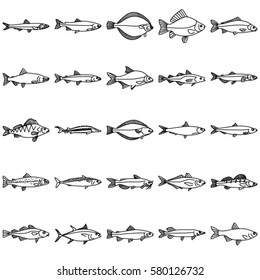 Fish Icons with line style.
Stroke width and color can be changed in any vector editor.