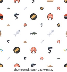 fish icons pattern seamless. Included editable flat Fish, perch, baked fish, eel, bone, salmon, smoked tuna, caviar icons. icons for web and mobile.