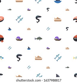 fish icons pattern seamless. Included editable flat eel, perch, shark fin, sardine, seafood, baked fish, caviar, tuna, fish steak icons. icons for web and mobile.