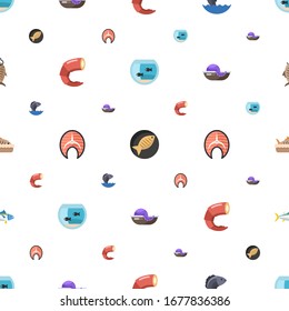 fish icons pattern seamless. Included editable flat Aquarium, Fish, Seafood, shrimp, salmon, seafood, baked fish, tuna, smoked icons. icons for web and mobile.