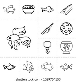 Fish icons. set of 13 editable outline fish icons such as fish, hook, fishing rod, food, extinct sea creature