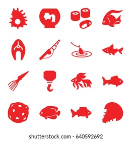 Fish icons set. set of 16 fish filled icons such as fish, hook, sushi, fishing, extinct sea creature, fishing rod