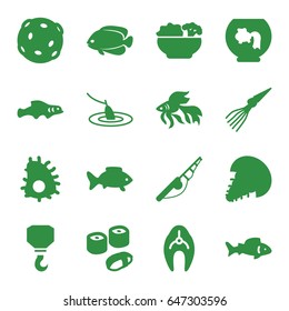 Fish icons set. set of 16 fish filled icons such as fish, hook, food, sushi, fishing, extinct sea creature