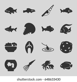 Fish icons set. set of 16 fish filled icons such as fish, food, fishing, extinct sea creature