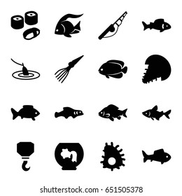Fish icons set. set of 16 fish filled icons such as fish, hook, sushi, fishing, extinct sea creature