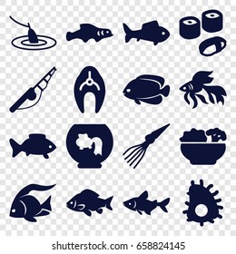 Fish icons set. set of 16 fish filled icons such as fish, food, sushi, fishing, extinct sea creature