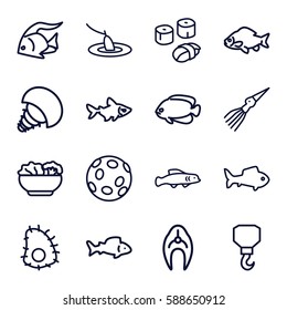 fish icons set. Set of 16 fish outline icons such as fish, hook, food, sushi