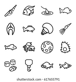 Fish icons set. set of 16 fish outline icons such as fish, hook, sushi, fishing, extinct sea creature