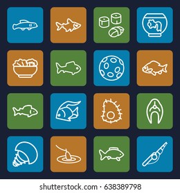 Fish icons set. set of 16 fish outline icons such as fish, food, sushi, fishing, extinct sea creature