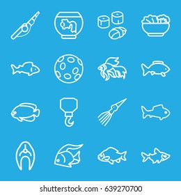 Fish icons set. set of 16 fish outline icons such as fish, hook, food, sushi, extinct sea creature, aquarium
