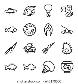 Fish icons set. set of 16 fish outline icons such as fish, hook, sushi, fishing, extinct sea creature