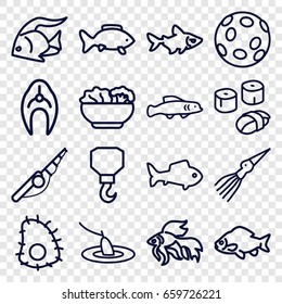 Fish icons set. set of 16 fish outline icons such as fish, hook, food, sushi, fishing