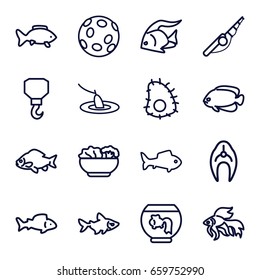 Fish icons set. set of 16 fish outline icons such as fish, hook, food, fishing, extinct sea creature, aquarium