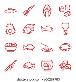 Fish icons set. set of 16 fish outline icons such as fish, hook, food, sushi, fishing, extinct sea creature