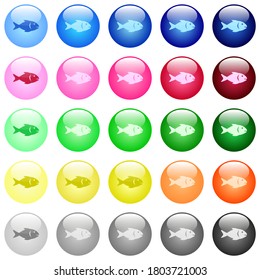 Fish icons in set of 25 color glossy spherical buttons