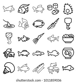 Fish icons. set of 25 editable outline fish icons such as fish, hook, fishing rod, aquarium, food, sushi