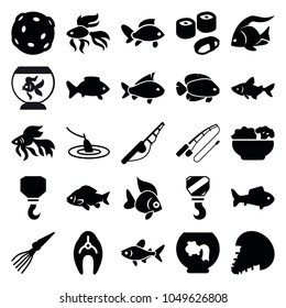Fish icons. set of 25 editable filled fish icons such as fish, hook, fishing rod, aquarium, food, sushi, fishing