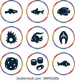 fish icons set. Set of 9 fish filled icons such as sushi