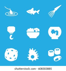 Fish icons set. set of 9 fish filled icons such as fish, hook, food, sushi, fishing, extinct sea creature