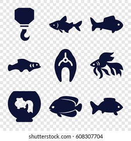 Fish icons set. set of 9 filled icons 