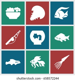 Fish icons set. set of 9 fish filled icons such as fish, food, extinct sea creature