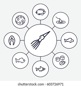 Fish icons set. set of 9 fish outline icons such as fish, sushi, fishing