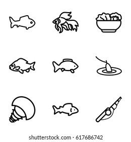 Fish icons set. set of 9 fish outline icons such as fish, food, fishing, extinct sea creature