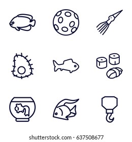 Fish icons set. set of 9 fish outline icons such as fish, hook, sushi, extinct sea creature