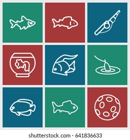 Fish icons set. set of 9 fish outline icons such as fish, fishing, extinct sea creature, aquarium
