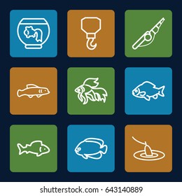 Fish icons set. set of 9 fish outline icons such as fish, hook, fishing