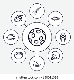 Fish icons set. set of 9 fish outline icons such as fish, food