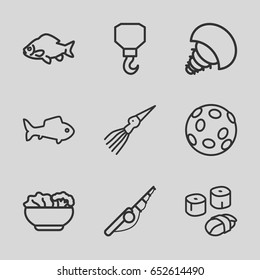 Fish icons set. set of 9 fish outline icons such as fish, hook, food, sushi, extinct sea creature