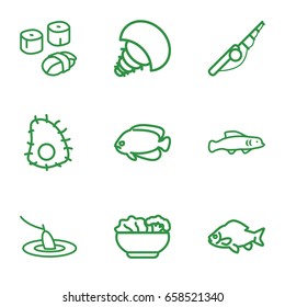 Fish icons set. set of 9 fish outline icons such as fish, food, sushi, fishing